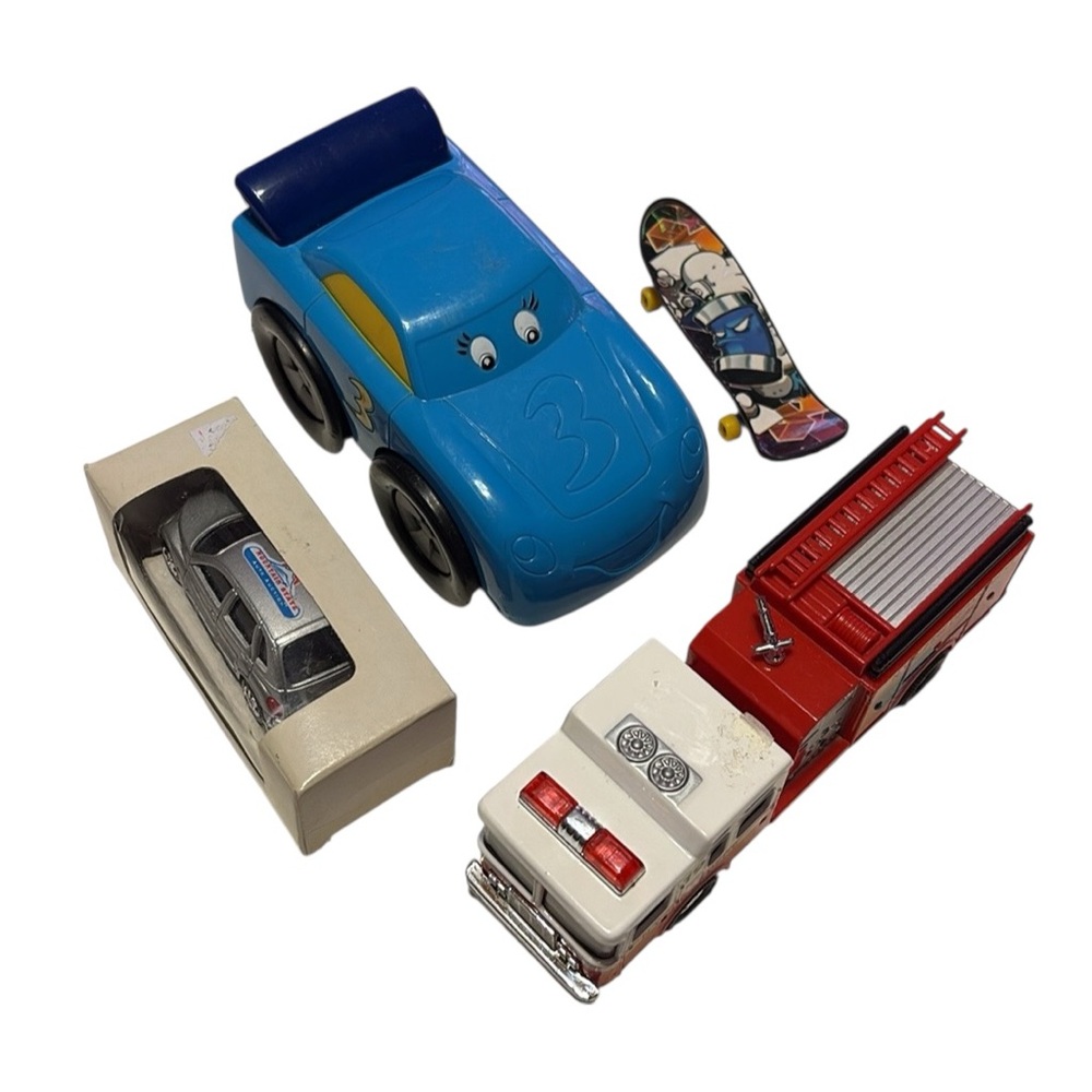 4pc Blue Toy Car with PT Cruiser, Fire Truck and Skateboard and Oley Set